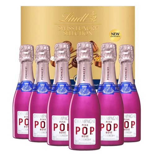 Mini Pommery Pink POP Rose 20cl Case of 6 with Lindt Swiss Tradition Chocolates 193g